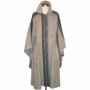 Vtg 70s 80s Grey Wool Stripe Cape Coat Sz M/L